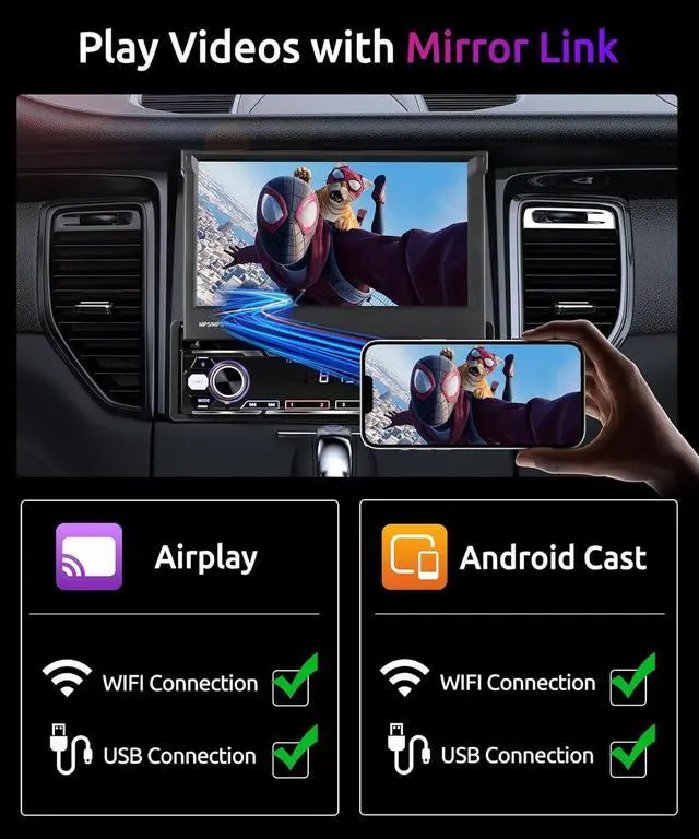 Alt view image 4 of 6 - Wireless Carplay 7inch Single Din Touchscreen Radio,IPS Manual Flip Out Touchscreen,AM/FM/RDS 5.1Bluetooth Car Stereo,Fast Charging,Wireless Android Auto,Mirror Link,2 USB/TF/AUX Port+Backup Camera