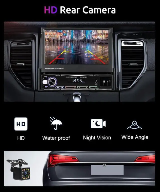 Alt view image 6 of 6 - Wireless Carplay 7inch Single Din Touchscreen Radio,IPS Manual Flip Out Touchscreen,AM/FM/RDS 5.1Bluetooth Car Stereo,Fast Charging,Wireless Android Auto,Mirror Link,2 USB/TF/AUX Port+Backup Camera