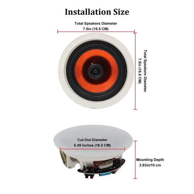 Alt view image 2 of 6 - 6.5 Flush Mount in-Ceiling Speakers 2-Way Passive Speaker System 300 Watts Great for Humid Indoor Outdoor, Kitchen,Bedroom,Bathroom,Covered Porches(A Pair)