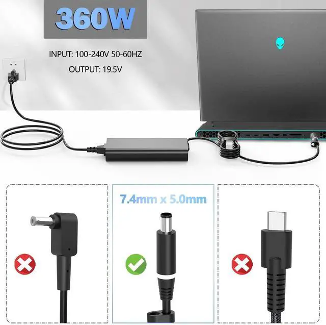 Alt view image 2 of 6 - 360W GaN Charger for Dell Aliemware M18 X16 M16 X17 R2 LA360PM230 0Y7YW7 07TMR6 0NN34T RTX 4080 4090 Gaming Laptop AC Power Supply Adapter
