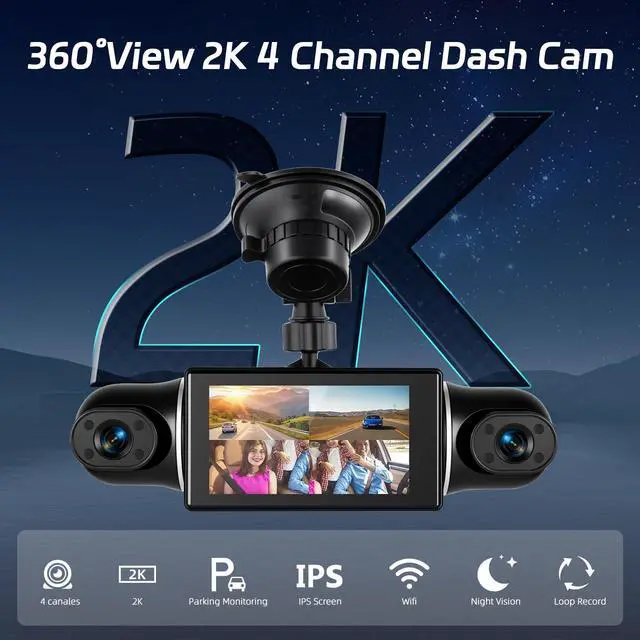 Alt view image 2 of 6 - 360°View 4 Channel Dash Cam, 2K+1080P Front and Rear Inside Left Right, 3 inch IPS Screen Dash Camera for Cars, WiFi/APP Control, Night Vision, 24H Parking Mode, 64GB TF Card, Loop Recordin