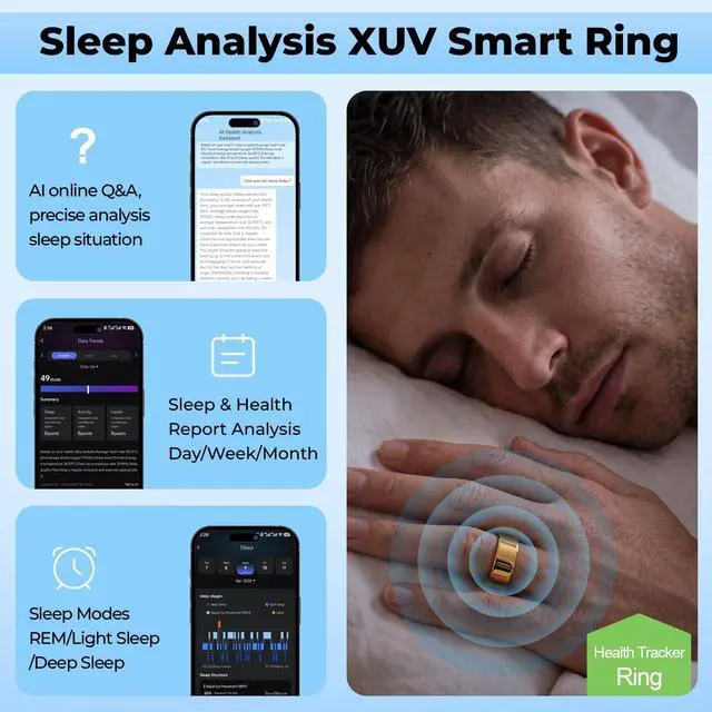 Alt view image 3 of 6 - Smart Rings for Men, Silent Vibration Alerts Ring with Fitness, Sleep Monitoring, Step Counting, HR Tracker Ultra-Thin, No APP Fee, 5ATM Waterproof AI Smart Ring for iOS & Android(Gold, 9)