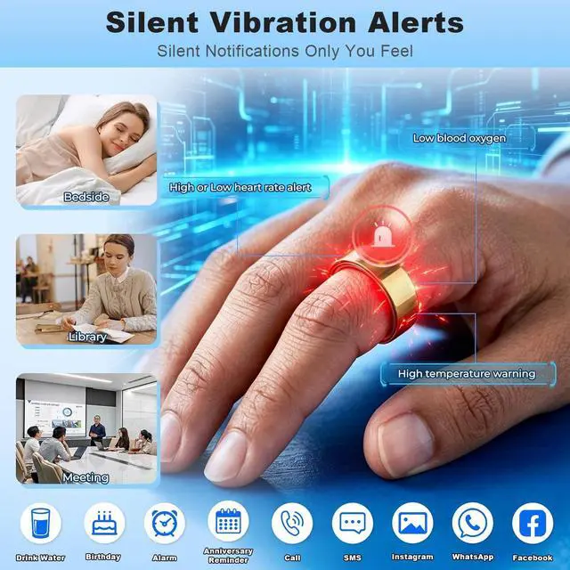 Alt view image 5 of 6 - Smart Rings for Men, Silent Vibration Alerts Ring with Fitness, Sleep Monitoring, Step Counting, HR Tracker Ultra-Thin, No APP Fee, 5ATM Waterproof AI Smart Ring for iOS & Android(Gold, 9)