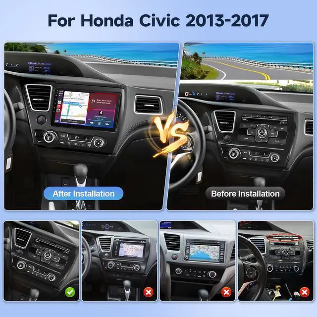 Alt view image 2 of 6 - 2+32G Car Radio for Honda Civic 2013 2014 2015 2016 2017 Stereo Upgrade with Wireless CarPlay Android Auto, 9'' Touchscreen in-Dash GPS Navigation Bluetooth WiFi SWC MirrorLink Backup Camera