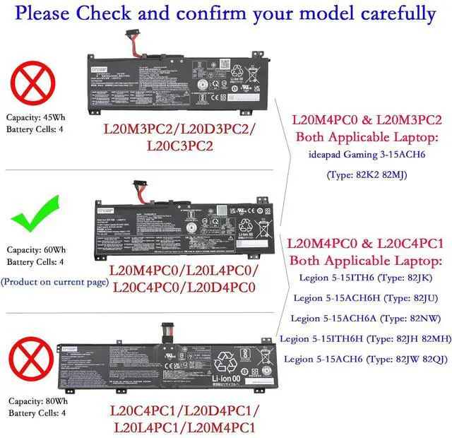 Alt view image 2 of 6 - L20M4PC0 Battery 60Wh 3910mAh 15.36V Compatible with Lenovo ideapad Gaming 3 15ACH6 15IHU6 / Legion 5 15ITH6H 15ITH6 15ACH6H 15ACH6 15ACH6A Series L20M4PC0 L20C4PC0 L20D4PC0 L20L4PC0