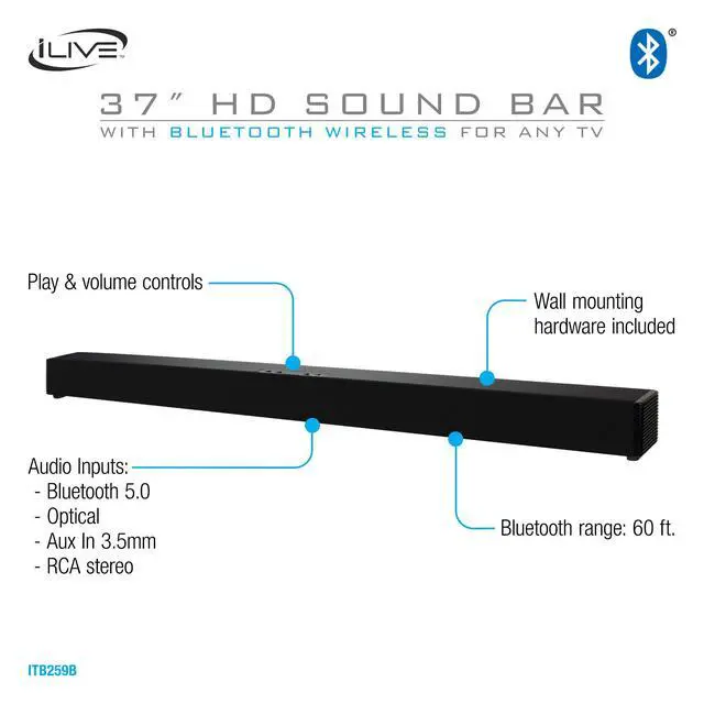 Alt view image 2 of 6 - Wall Mountable Sound Bar with Bluetooth, 37 Inches, Black (ITB259B)