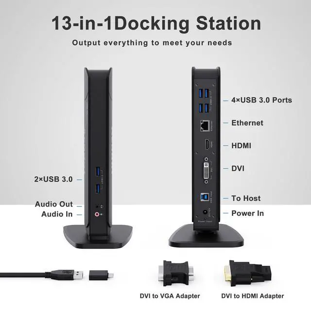 Alt view image 2 of 6 - USB 3.0 Laptop Universal Docking Station Dual Monitor Dock for Windows/ Mac OS/ Surface Pro/ Surface Laptop, with Dual HDMI/ DVI/VGA, 6 USB 3.0 Ports, Gigabit Ethernet, Audio