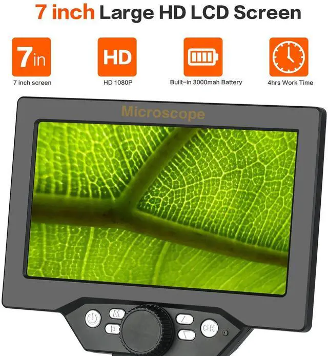 Alt view image 2 of 6 - 7" LCD Digital Microscope 12MP 1-1200X Magnification - Handheld USB Microscope Camera with 32GB TF Card, 8 Adjustable LED Lights & Rechargeable Battery - Portable for Coin/PCB/Insect/Rock