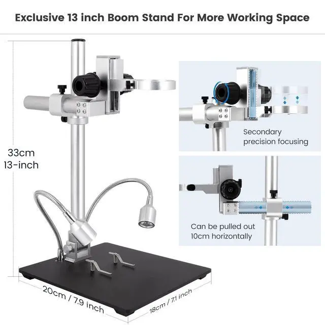Alt view image 3 of 6 - LM246MS 3 Lens 7 inch HDMI Digital Microscope for Soldering, 13'' Boom Arm Stand, UHD 2160P Video 2000X, Adults USB Coin Microscope Full View of Coins, PC View, 32G SD Card