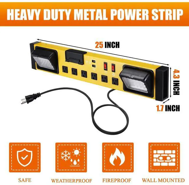 Alt view image 2 of 6 - 6 Outlets Power Strip with LED Worklight, Metal Heavy Duty Wall Mount Workbench Power Strip with 6FT 14/3 AWG Cord, 2 USB Ports, 15A Circuit Breaker for Home Office Garage Workshop
