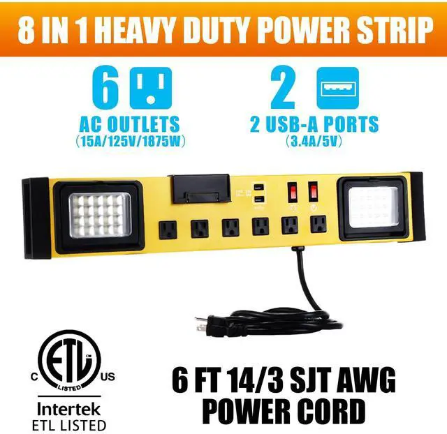 Alt view image 3 of 6 - 6 Outlets Power Strip with LED Worklight, Metal Heavy Duty Wall Mount Workbench Power Strip with 6FT 14/3 AWG Cord, 2 USB Ports, 15A Circuit Breaker for Home Office Garage Workshop