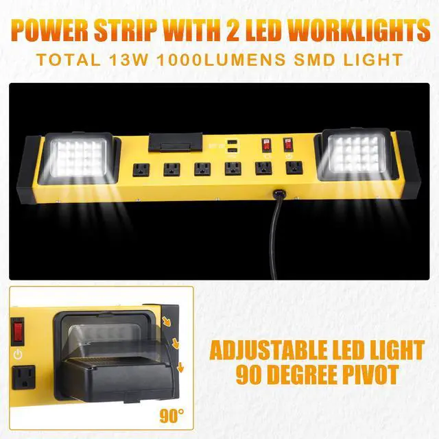 Alt view image 4 of 6 - 6 Outlets Power Strip with LED Worklight, Metal Heavy Duty Wall Mount Workbench Power Strip with 6FT 14/3 AWG Cord, 2 USB Ports, 15A Circuit Breaker for Home Office Garage Workshop