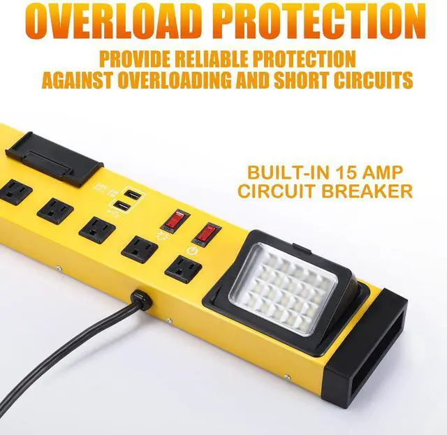 Alt view image 5 of 6 - 6 Outlets Power Strip with LED Worklight, Metal Heavy Duty Wall Mount Workbench Power Strip with 6FT 14/3 AWG Cord, 2 USB Ports, 15A Circuit Breaker for Home Office Garage Workshop
