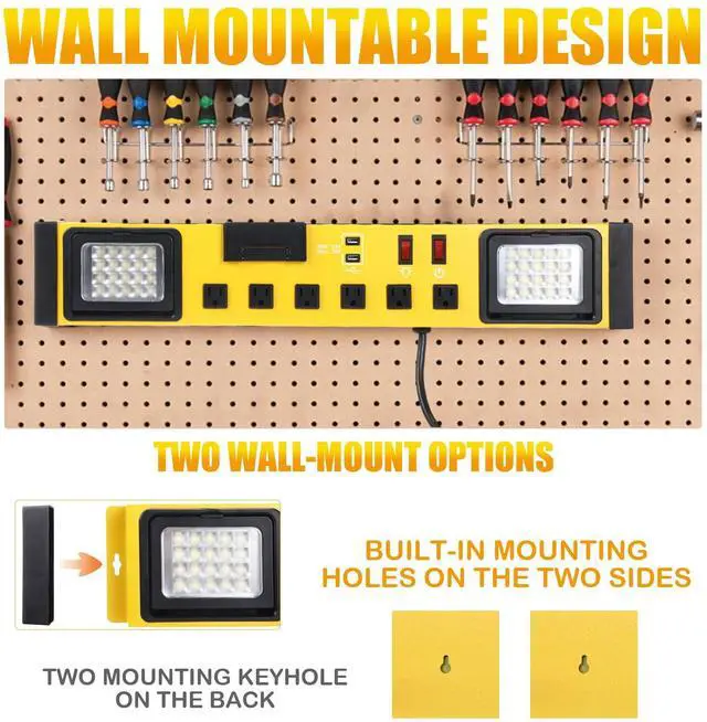 Alt view image 6 of 6 - 6 Outlets Power Strip with LED Worklight, Metal Heavy Duty Wall Mount Workbench Power Strip with 6FT 14/3 AWG Cord, 2 USB Ports, 15A Circuit Breaker for Home Office Garage Workshop
