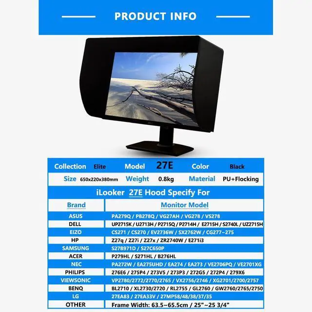Alt view image 2 of 6 - 27E 27 inch LCD LED Video Monitor Hood Sunshade Sunhood for Dell HP Viewsonic Philips Samsung LG EIZO NEC ASUS ACER BENQ AOC Lenovo and Fits Monitor Frame Width 635-655mm