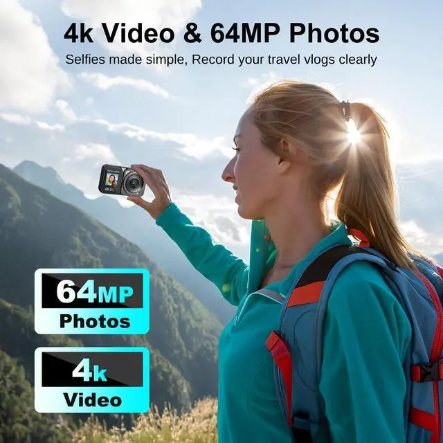 Alt view image 2 of 6 - Digital Camera, 4K 64MP Dual Screens Camera, 18X Zoom, Point and Shoot Digital Camera with 64GB TF Card & 2 Batteries, Portable Rechargeable Small Camera for Kids Teens Adult, Black