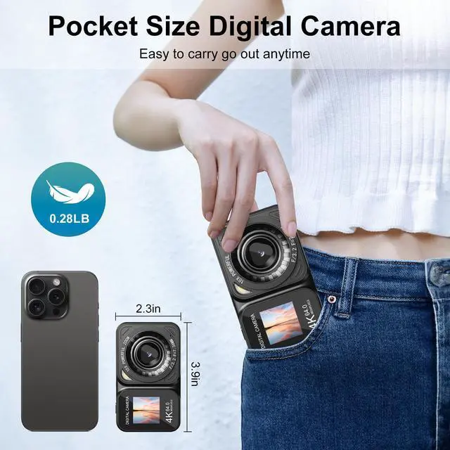 Alt view image 3 of 6 - Digital Camera, 4K 64MP Dual Screens Camera, 18X Zoom, Point and Shoot Digital Camera with 64GB TF Card & 2 Batteries, Portable Rechargeable Small Camera for Kids Teens Adult, Black