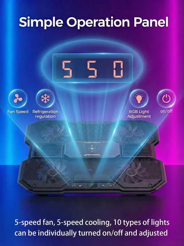 Alt view image 5 of 6 - 8-Fan Laptop Cooling Pad with Thermoelectric Cooler for 15.6-21In Laptops | 5-Speed Independent Control, 10 RGB Lights, 7-Height Adjustable Metal Panel Laptop Cooler