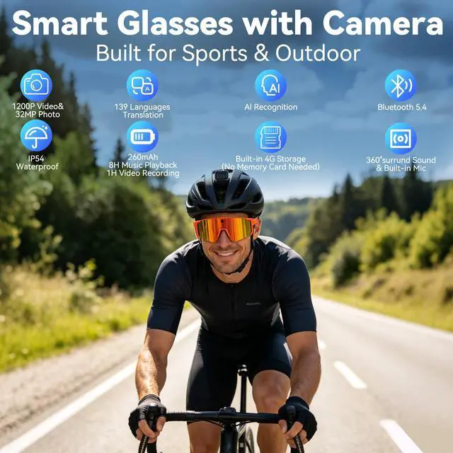 Alt view image 2 of 6 - AI Smart Glasses with Camera, HD Stabilized Video Recording Glasses, Waterproof Bluetooth Sunglasses with Ai Assistant, Touch Control, UV Protection for Cycling Skiing Outdoor Sports Orange