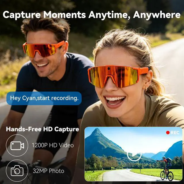 Alt view image 3 of 6 - AI Smart Glasses with Camera, HD Stabilized Video Recording Glasses, Waterproof Bluetooth Sunglasses with Ai Assistant, Touch Control, UV Protection for Cycling Skiing Outdoor Sports Orange