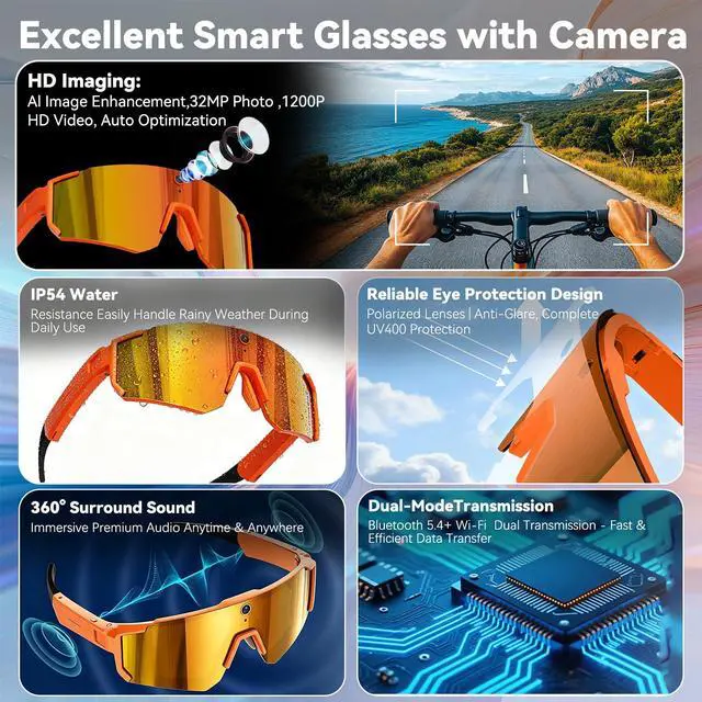 Alt view image 4 of 6 - AI Smart Glasses with Camera, HD Stabilized Video Recording Glasses, Waterproof Bluetooth Sunglasses with Ai Assistant, Touch Control, UV Protection for Cycling Skiing Outdoor Sports Orange