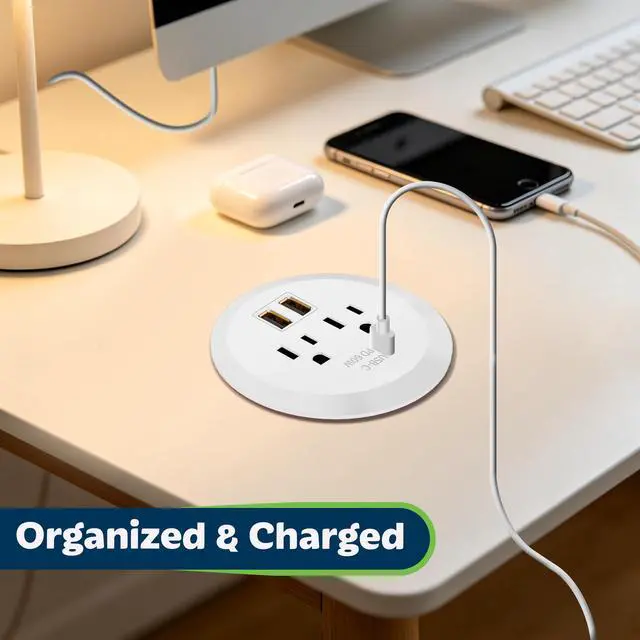 Alt view image 2 of 6 - Desktop Power Grommet With 65W PD Fast Charging USB C, GaN Desk for MacBook, 2 USB-A Ports and Duplex Receptacles, 3" Diameter, TTRP48APD60-W, White