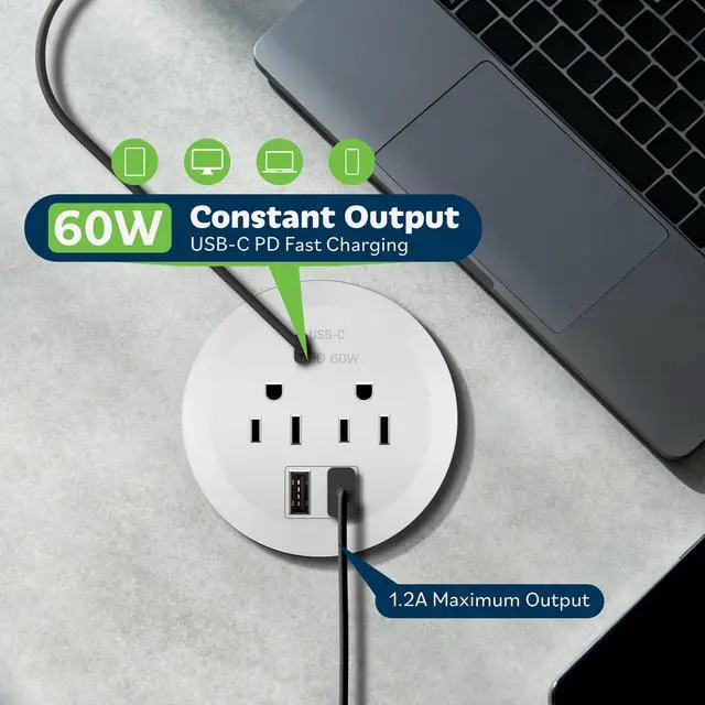 Alt view image 3 of 6 - Desktop Power Grommet With 65W PD Fast Charging USB C, GaN Desk for MacBook, 2 USB-A Ports and Duplex Receptacles, 3" Diameter, TTRP48APD60-W, White