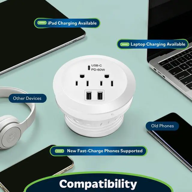 Alt view image 5 of 6 - Desktop Power Grommet With 65W PD Fast Charging USB C, GaN Desk for MacBook, 2 USB-A Ports and Duplex Receptacles, 3" Diameter, TTRP48APD60-W, White