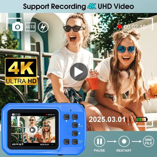 Alt view image 2 of 6 - 4K Underwater Camera, 64MP 16FT Waterproof Digital Camera with 16GB Card, Autofocus Floatable Waterproof Camera with IPS HD Screen, 16X Digital Zoom, Fill Light, for Snorkeling, Surfing, Swimming