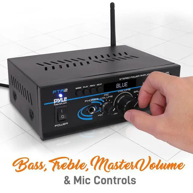 Alt view image 3 of 6 - Home Audio Power Amplifier System - 2X40W Bluetooth Mini Dual Channel Mixer Sound Stereo Receiver Box w/ AUX, Mic Input - For Amplified Speakers, PA, CD Player, Theater via RCA, Studio Use - PTA2