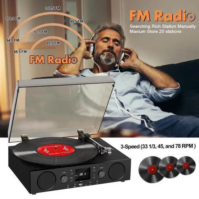 Alt view image 5 of 6 - Record Player with Built-in Speakers, 3-Speed Belt-Drive Turntable, Bluetooth Receiver & FM Radio, USB Recording, RCA Line Out, AUX-in & Auto-Stop, Black