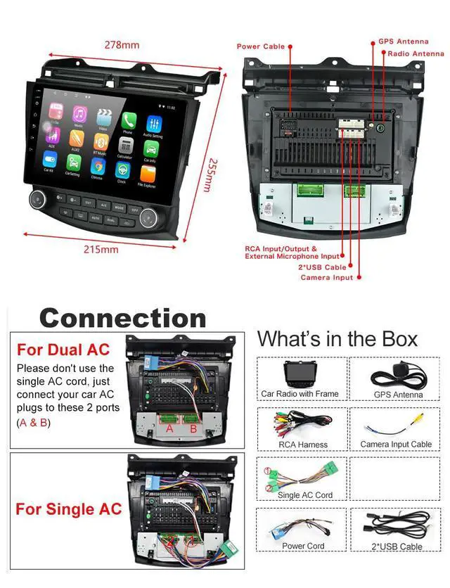 Alt view image 2 of 6 - for 2003-07 Honda-Accord-Radio,with Wireless Carplay& Android Auto 32G ROM | 2G RAM Support Single/Dual Zone AC, Bluetooth Touch Screen Backup Camera Microphone GPS Touch Screen