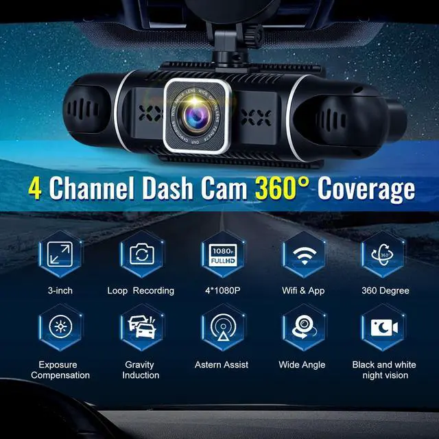 Alt view image 2 of 6 - 4 Channel Dash Cam 360° Coverage: Front 2K + Triple 1080P Car Camera Built-in WiFi Car Camera with App, Front Rear Left Right Inside with G-Sensor/Night Vision/Loop Recording + 64GB Card