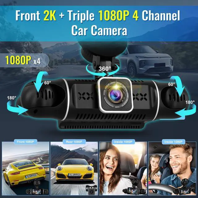 Alt view image 3 of 6 - 4 Channel Dash Cam 360° Coverage: Front 2K + Triple 1080P Car Camera Built-in WiFi Car Camera with App, Front Rear Left Right Inside with G-Sensor/Night Vision/Loop Recording + 64GB Card