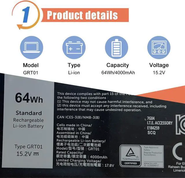 Alt view image 2 of 6 - 64Wh 4-Cell GRT01 Laptop Battery Compatible with Dell Latitude 15 5521 5531 14 5421 5431 Precision 3561 3571 3470 Alienware m17 R5 AMD Series Laptop 00P3TJ 0P3TJ 0R05P0 R05P0 05RGW 15.2V