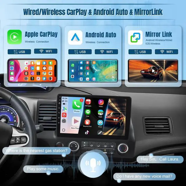 Alt view image 3 of 6 - 8Core Android Car Radio for Honda Civic 2006 2007 2008 2009 2010 2011, 2+32G 10.1inch Touch Screen for Civic Stereo with Wireless CarPlay Android Auto Bluetooth GPS Navigation WiFi SWC