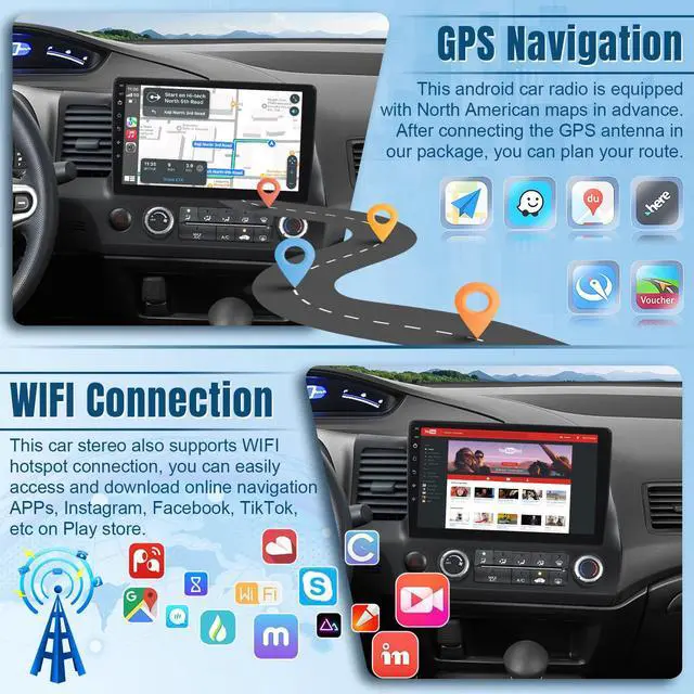 Alt view image 4 of 6 - 8Core Android Car Radio for Honda Civic 2006 2007 2008 2009 2010 2011, 2+32G 10.1inch Touch Screen for Civic Stereo with Wireless CarPlay Android Auto Bluetooth GPS Navigation WiFi SWC