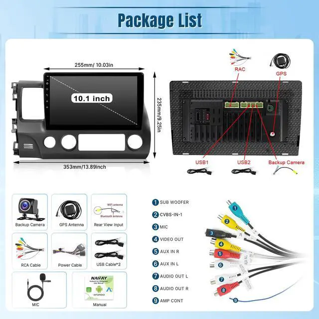 Alt view image 6 of 6 - 8Core Android Car Radio for Honda Civic 2006 2007 2008 2009 2010 2011, 2+32G 10.1inch Touch Screen for Civic Stereo with Wireless CarPlay Android Auto Bluetooth GPS Navigation WiFi SWC