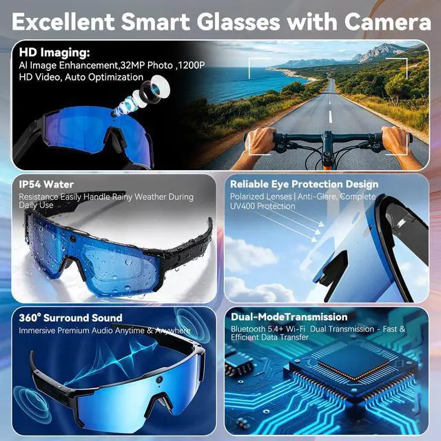 Alt view image 5 of 6 - AI Smart Glasses with Camera, 32MP HD Stabilized Video Recording Glasses, Waterproof Bluetooth Sunglasses with Ai Assistant, Touch Control, UV Protection for Cycling Skiing Outdoor Sports