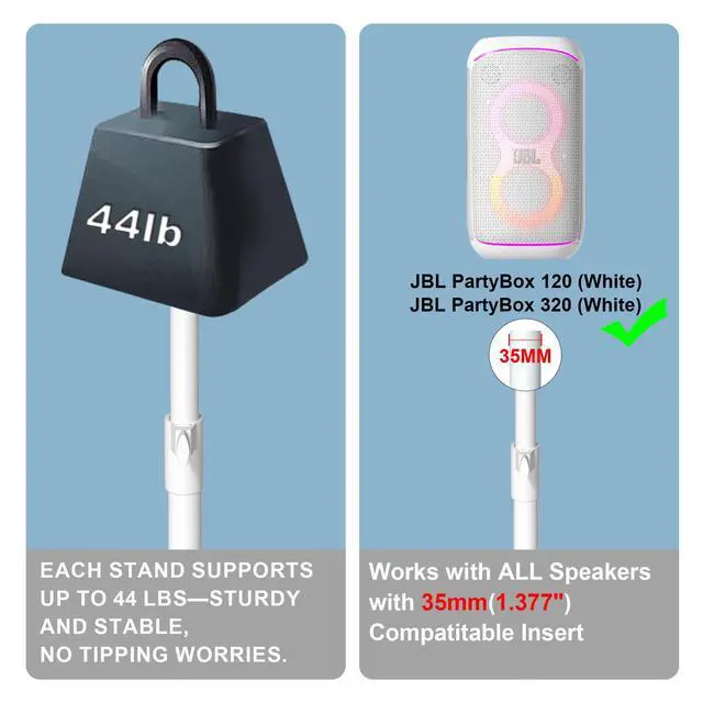 Alt view image 2 of 6 - All-Metal Adjustable Speaker Stand for J-BL Partybox 120/320 (White) Heavy-Duty Pole Stand with Wide Base, Height Adjustable up to 36.22" (Stand Only, No Speaker Included)