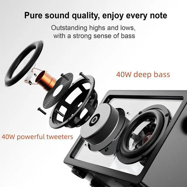 Alt view image 2 of 6 - Bluetooth Speaker, Glass Body and Unique Glass Speaker Diaphragms, 40W Minimalist Design, Crystal Clear Sound, Wireless Hi-Res Audio, Ideal for Music Lovers- Black