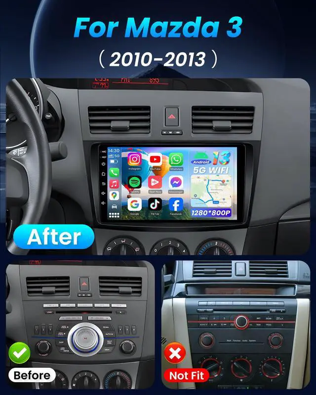 Alt view image 2 of 6 - Car Stereo Radio for Mazda 3 2010 2011 2012 2013: 9 Inch 1280x800 Touchscreen Wireless CarPlay Android Auto - Fit for Bose System Online Upgrade OTA GPS 5G WiFi Bluetooth 5.0