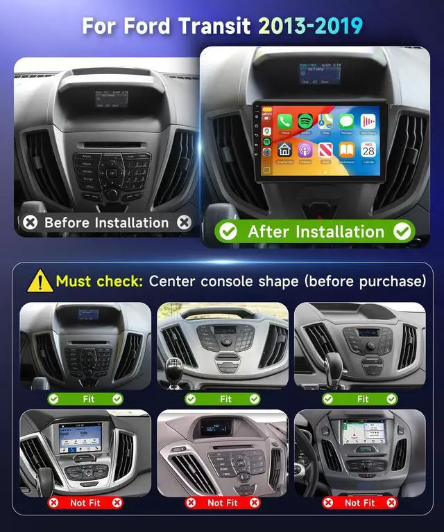 Alt view image 2 of 6 - 4G+64G Car Radio Stereo for Ford Transit 2013-2019, 9inch IPS Touch Screen/Android 15/Wireless CarPlay/Android Auto/32 EQ/GPS Navigation/WiFi/5.0Bluetooth/FM/RDS/SWC/AHD Backup Camera