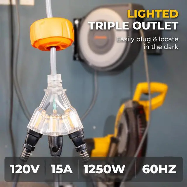 Alt view image 4 of 6 - Retractable Extension Cord Reel, 70 FT Heavy Duty 14AWG/3C SJTOW Power Cord, Lighted Triple Outlets, Adjustable Stopper, Ceiling & Wall Mount, ETL Listed