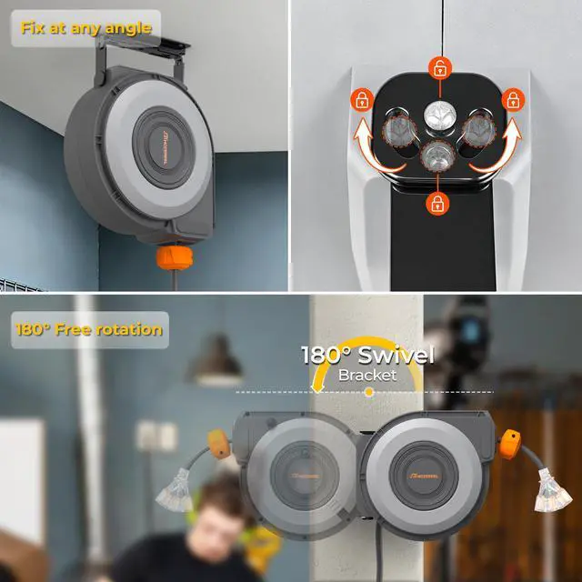 Alt view image 6 of 6 - Retractable Extension Cord Reel, 70 FT Heavy Duty 14AWG/3C SJTOW Power Cord, Lighted Triple Outlets, Adjustable Stopper, Ceiling & Wall Mount, ETL Listed