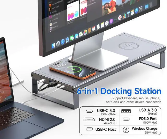 Alt view image 2 of 6 - Monitor Stand HUB - Aluminum Riser with 6-in-1 Docking Station: 4K HDMI, USB-C, USB 3.0, PD 100W, Wireless Charging, Drawer Organizer - Gray