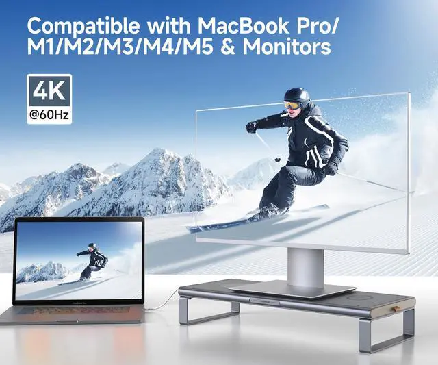 Alt view image 4 of 6 - Monitor Stand HUB - Aluminum Riser with 6-in-1 Docking Station: 4K HDMI, USB-C, USB 3.0, PD 100W, Wireless Charging, Drawer Organizer - Gray