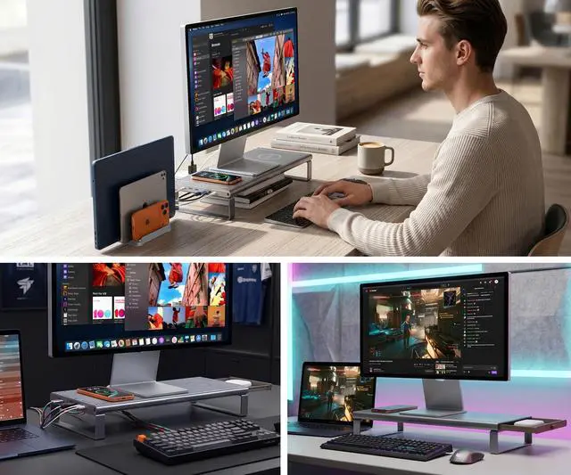 Alt view image 6 of 6 - Monitor Stand HUB - Aluminum Riser with 6-in-1 Docking Station: 4K HDMI, USB-C, USB 3.0, PD 100W, Wireless Charging, Drawer Organizer - Gray