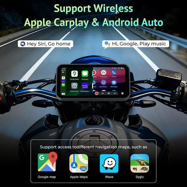 Alt view image 2 of 6 - 6.25 Inch Motorcycle GPS CarPlay & Android Auto Display with 2 TPMS | IP67 Waterproof GPS Navigation System with Dual Bluetooth, Portable Touch Screen, TF Card, Universal Mount