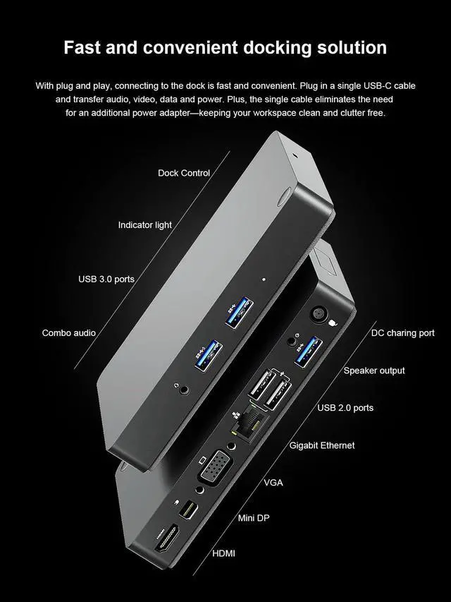 Alt view image 2 of 6 - WD15 USB C Docking Station, Dual Monitor Compatible with Dell/MacBook/HP/Surface, HDMI/Mini DP/VGA, 1GB Ethernet, 3 USB 3.0, 2 USB 2.0, Audio, Speaker Out, Black